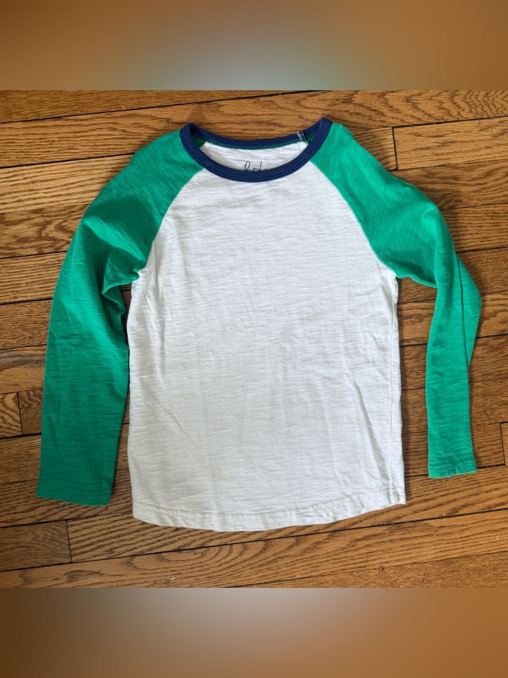 Mini Boden White Tee with Green Raglan Sleeves - Size 7 / 8